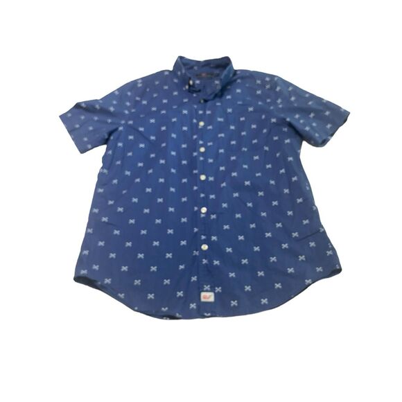 Vineyard Vines Men's Navy Blue Fishbone Short Sleeve Murray Shirt Size Medium - Picture 2 of 6